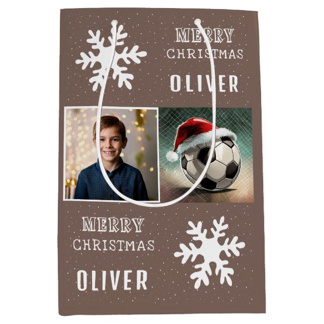 Soccer Ball with Santa Hat Snowflake Photo  Medium Gift Bag (Front)