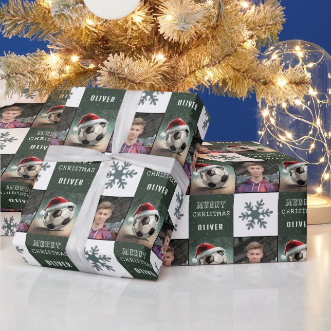 Soccer Ball with Santa Hat Snowflake Photo  Wrapping Paper (Holidays)