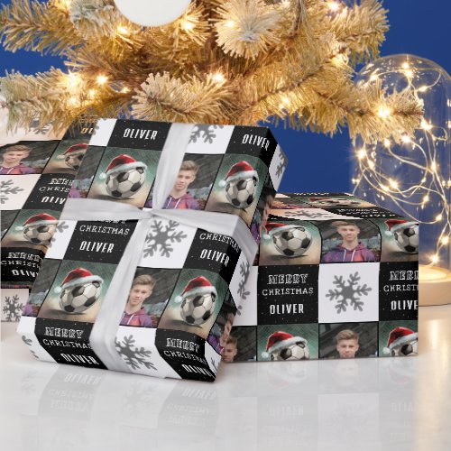 Soccer Ball with Santa Hat Snowflake Photo  Wrapping Paper