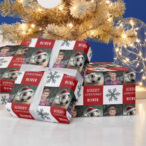 Soccer Ball with Santa Hat Snowflake Photo  Wrapping Paper