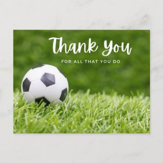 Soccer ball with thank all what you do on green  postcard