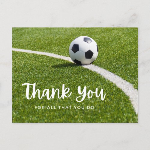 Soccer ball with thank all what you do on green  postcard