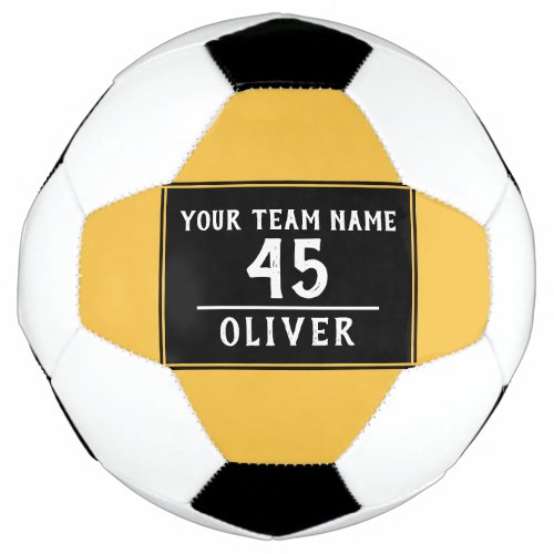 Soccer Ball Yellow Black with Team Name Number - Soccer Ball Yellow Black with Team Name Number of the player. Personalizable soccer ball with the team name, team number and player`s name. You can easily personalize the ball. The text is in trendy white color on a black background. Great for a soccer player, soccer lover, as a gift or a keepsake ball.