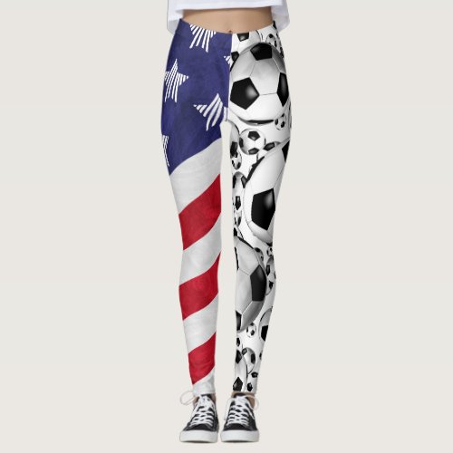 soccer balls and American flag sporty patriotic Leggings