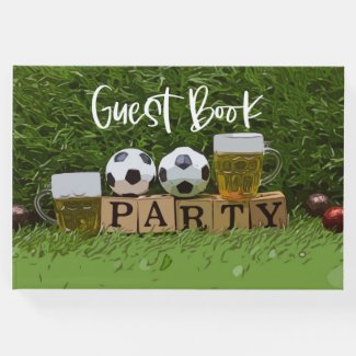 Soccer balls are on green grass for Soccer Party   Guest Book
