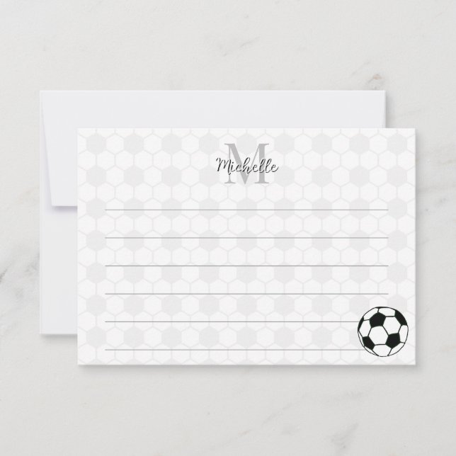 Soccer Balls Black and White Custom Lined Monogram Note Card (Front)