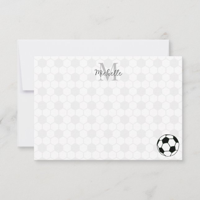 Soccer Balls Black and White Custom Monogram Note Card (Front)