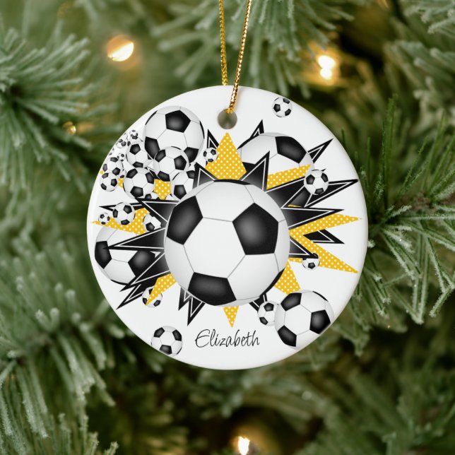 soccer balls black gold stars girls sports ceramic ornament (Tree)