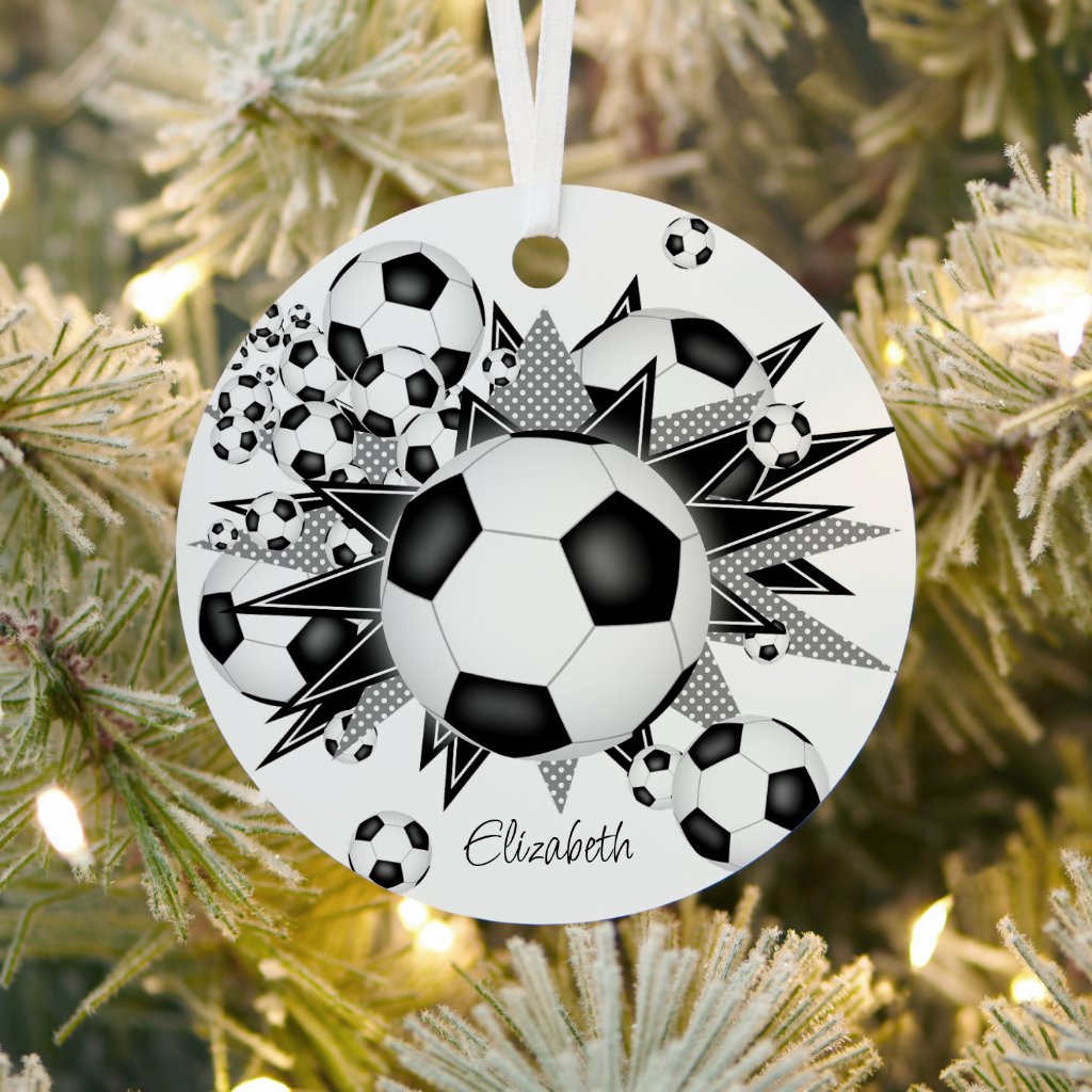 soccer balls black gray stars girls sports metal ornament