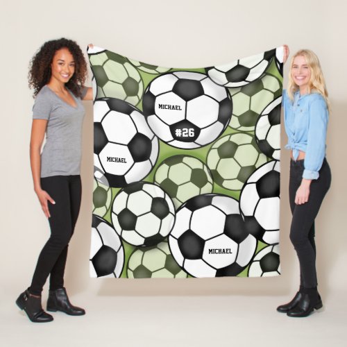 Soccer Balls Black  White Boys Kids Name Number  Fleece Blanket