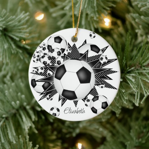 soccer balls black white stars girls sports ceramic ornament