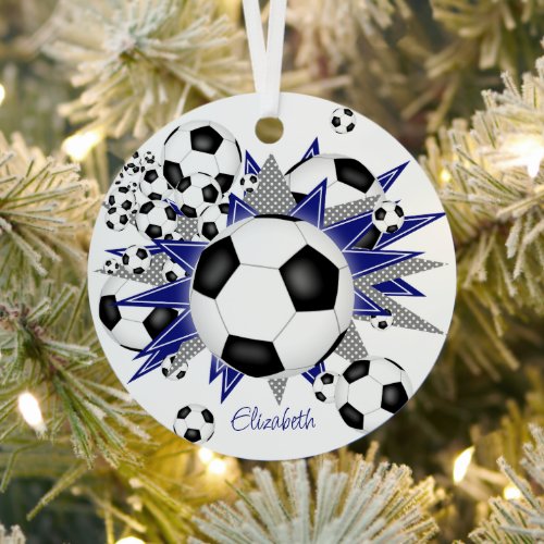 soccer balls blue gray stars girls sports metal ornament