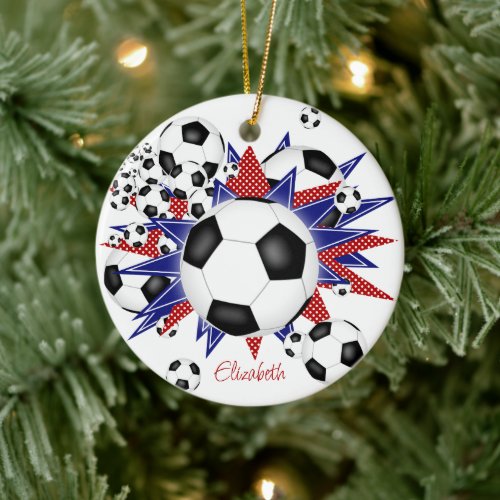 soccer balls blue red stars girls sports ceramic ornament