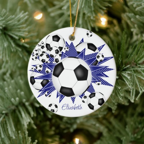 soccer balls blue stars girls sports ceramic ornament
