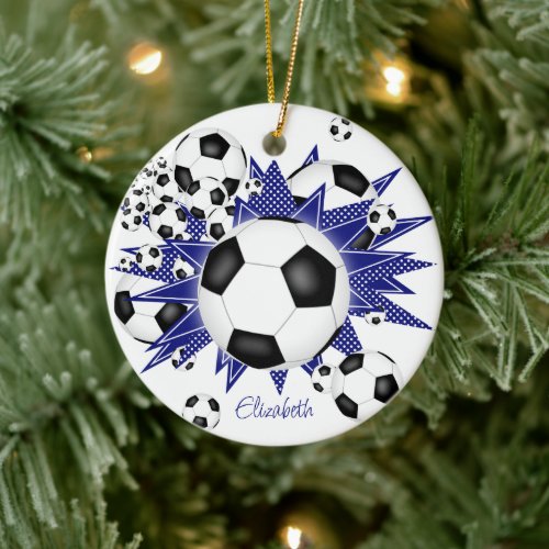 soccer balls blue stars girls sports ceramic ornament