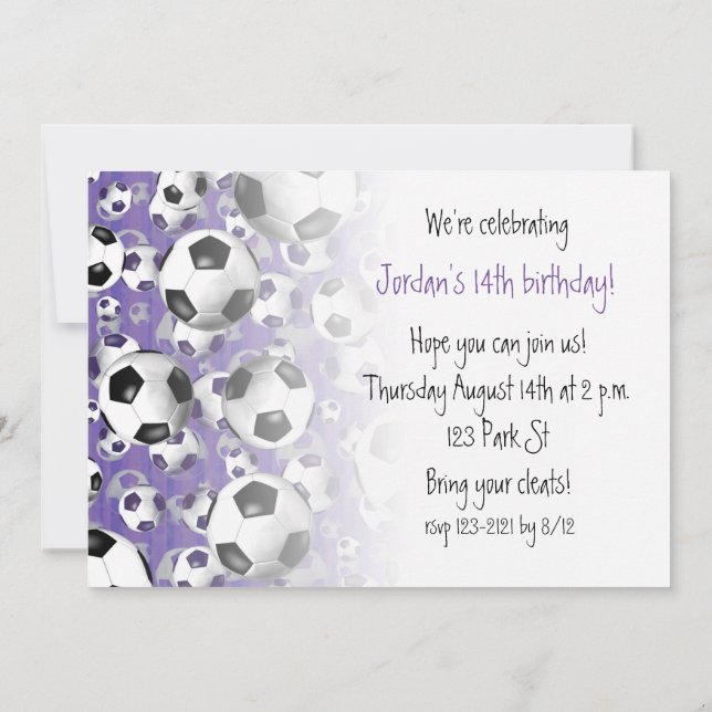 Soccer balls everywhere soccer party purple invitation (Back)