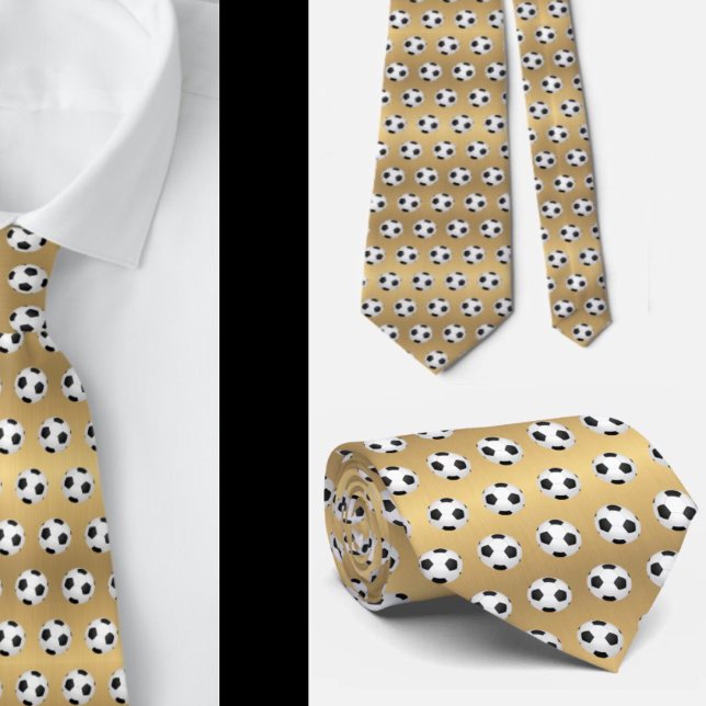 Soccer Balls Football Futbol Black and White Gold Neck Tie (Creator Uploaded)