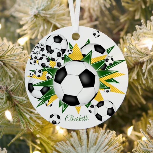 soccer balls green gold stars girls sports metal ornament (Insitu)