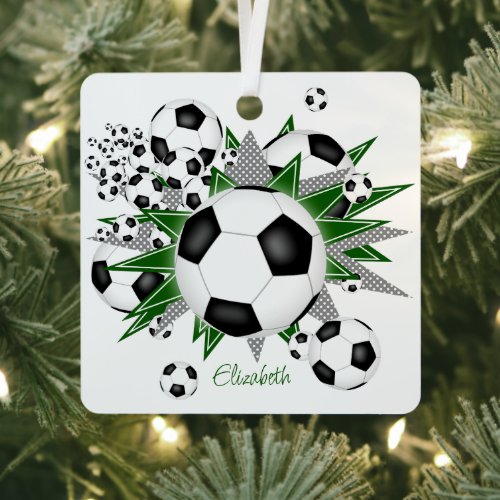 soccer balls green gray stars girls sports metal ornament