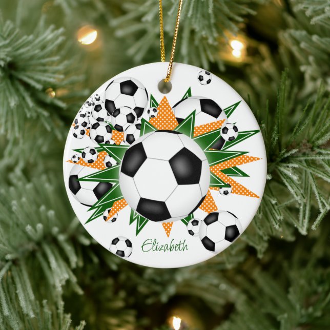 soccer balls green orange stars girls sports ceramic ornament (Tree)