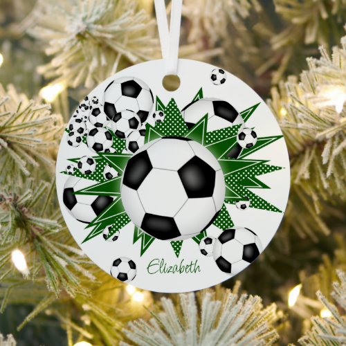soccer balls green stars girls sports metal ornament