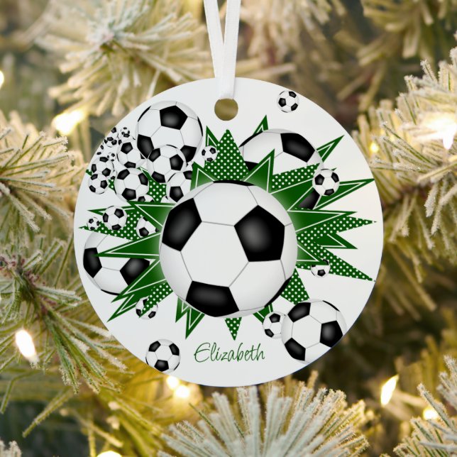 soccer balls green stars girls sports metal ornament (Insitu)