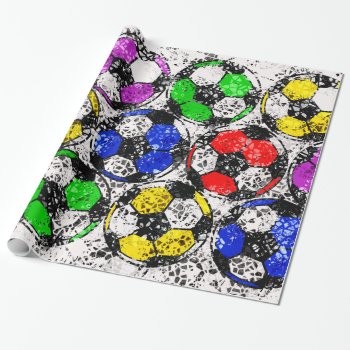 Soccer Balls In Chaotic Color Wrapping Paper by manewind at Zazzle