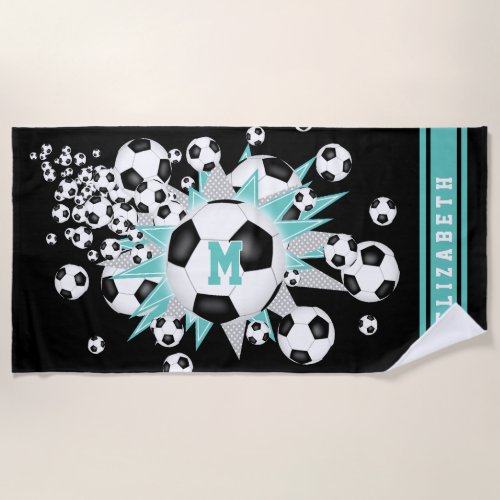 soccer balls light teal gray stars girls name beach towel