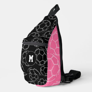 soccer balls line art pattern on pink black sling bag