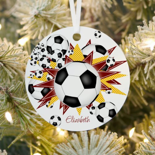 soccer balls maroon gold stars girls sports  metal ornament