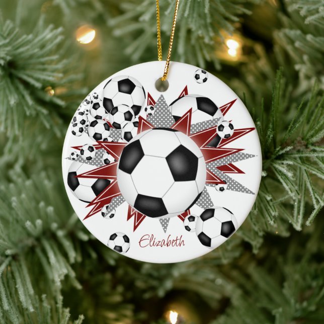 soccer balls maroon gray stars girls sports ceramic ornament (Tree)