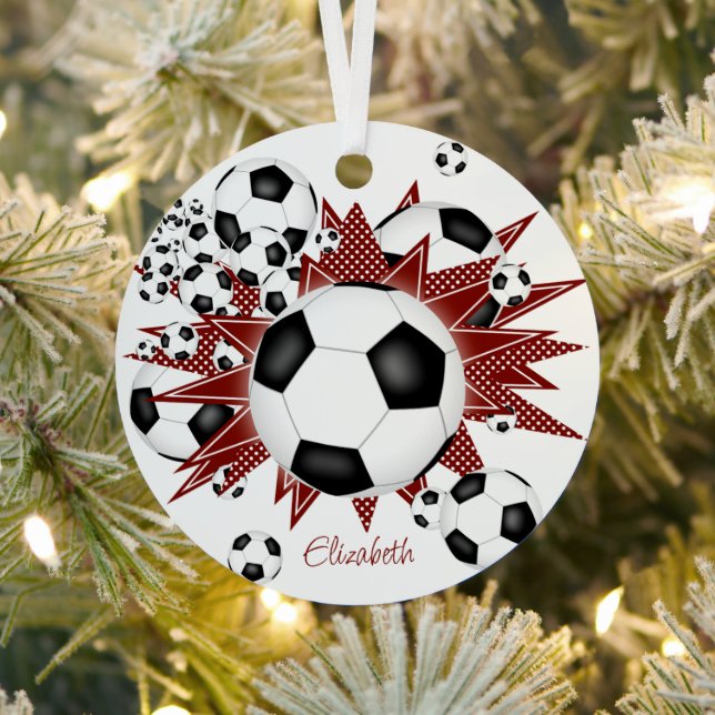 soccer balls maroon stars girls sports metal ornament (Insitu)