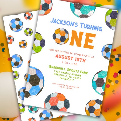 Soccer Balls ONE First Birthday Invitation