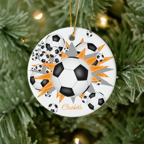 soccer balls orange gray stars girls sports ceramic ornament