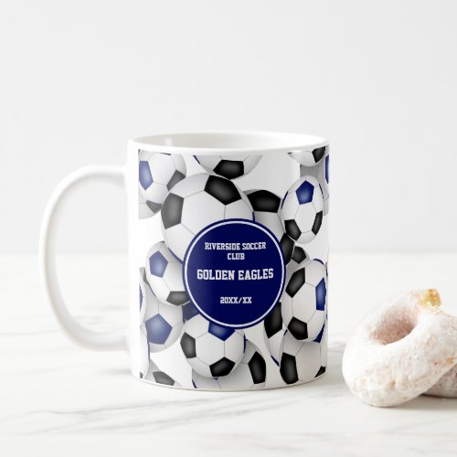 soccer balls pattern blue black custom name coffee mug