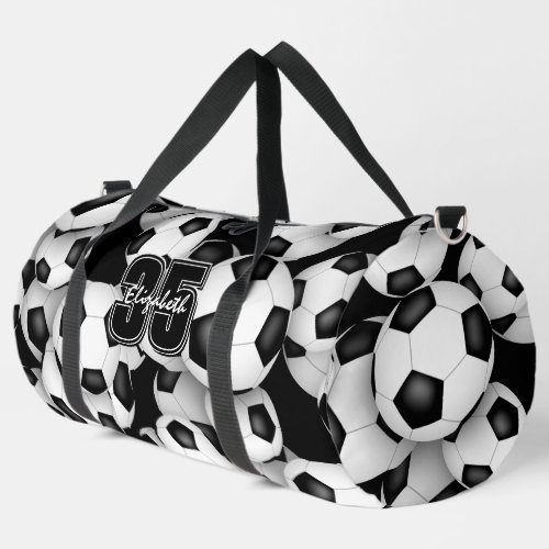 Soccer balls pattern player name jersey number  duffle bag