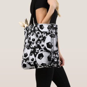 soccer balls patterned tote bag with name