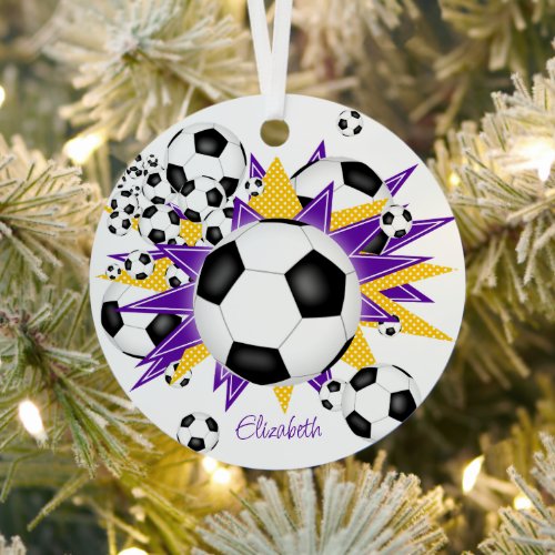 soccer balls purple gold stars girls sports metal ornament