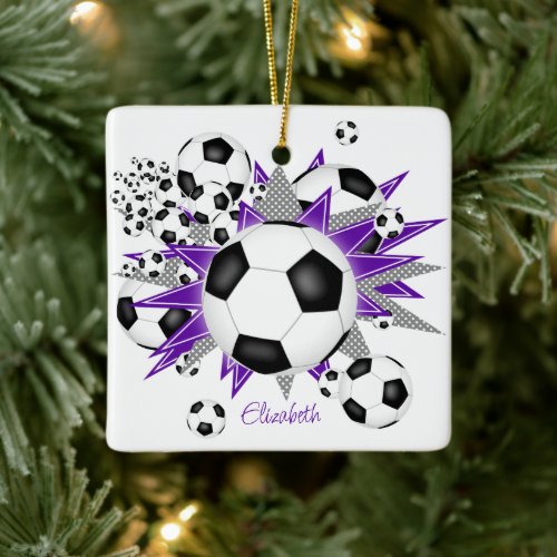 soccer balls purple gray stars girls sports ceramic ornament