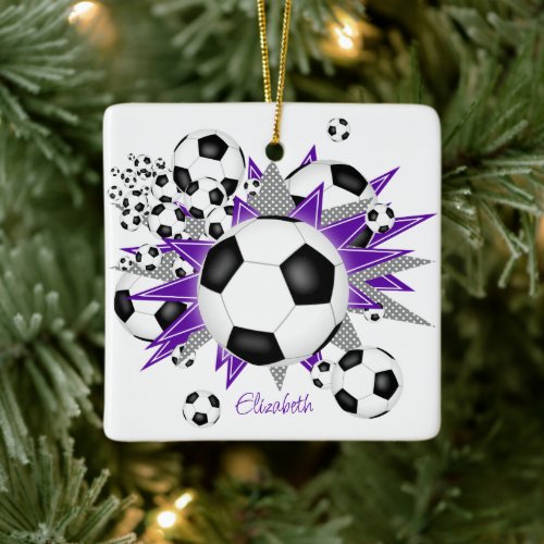 soccer balls purple gray stars girls sports ceramic ornament