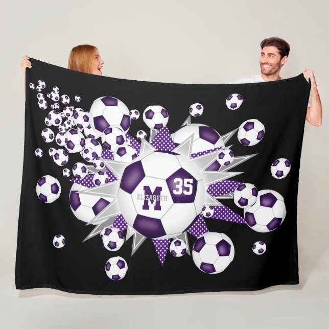 soccer balls purple gray stars girls sports room fleece blanket (In Situ)