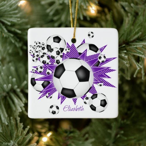soccer balls purple stars girls sports ceramic ornament