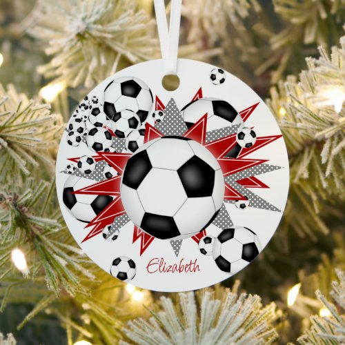 soccer balls red gray stars girls sports metal ornament