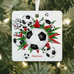 soccer balls red green stars boys girls sports metal ornament