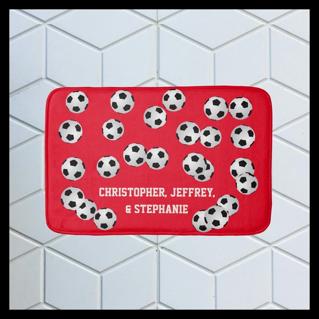 Soccer Balls, Red or Choose Your Color, Name Bath Mat (Creator Uploaded)