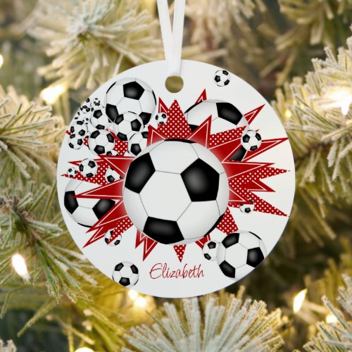 soccer balls red stars girls sports metal ornament