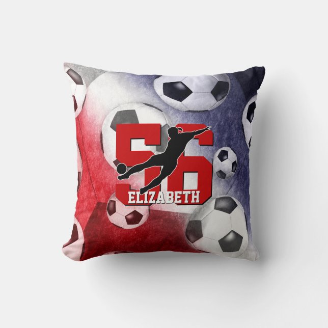 Soccer balls red white blue girl silhouette throw pillow (Front)