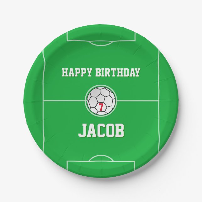 Soccer Balls Soccer Field Personalized Birthday Paper Plates (Front)