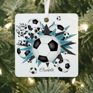 soccer balls teal black stars girls sports metal ornament