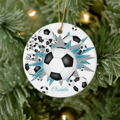 soccer balls teal gray stars girls sports ceramic ornament